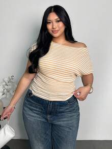 Firerie Plus Size Women Textured Striped Asymmetric Shoulder Ruched Batwing Sleeve T-Shirt Top, Blouse, Spring Summer Autumn Casual Commute Elegant Work Wear - Multicolor - View 5