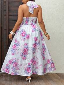 Sunnyshic Plus Size Elegant Vacation Rose Floral Embroidered Halter Dress, Spring/Summer - Pink - View 2