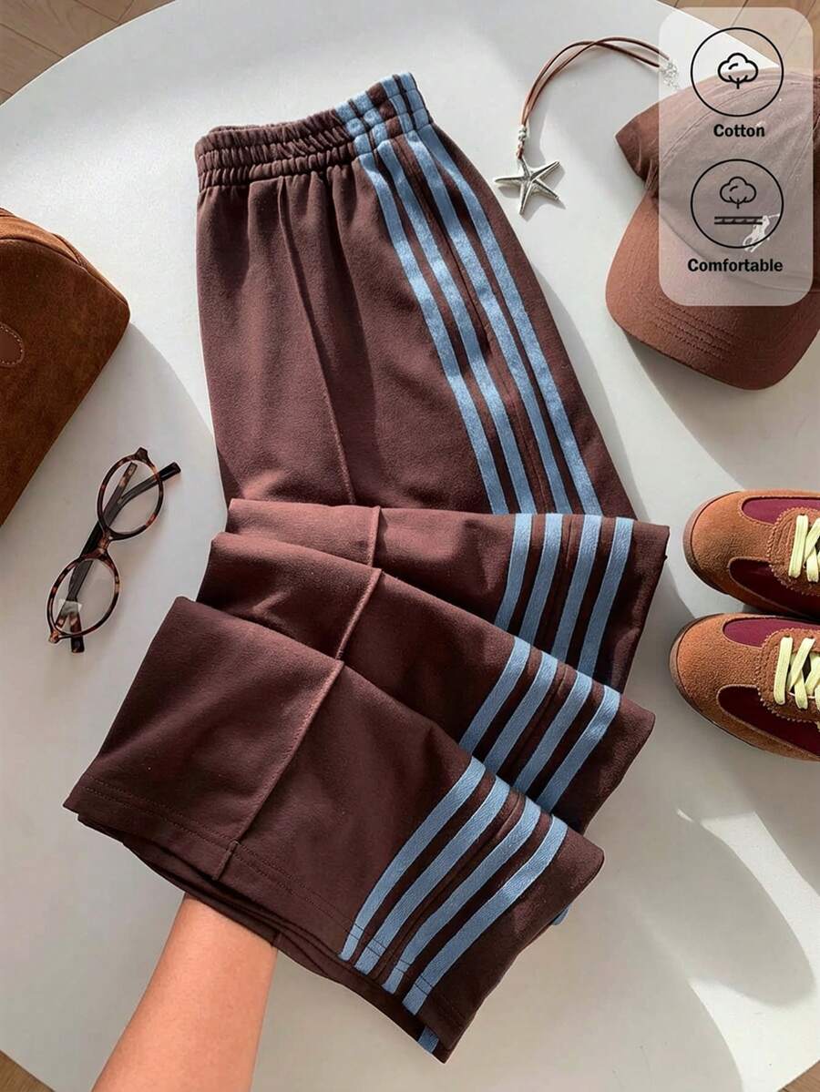 Comfortcana 女士休闲撞色条纹阔腿运动裤，适合夏季、秋季、冬季穿着，棕色阔腿裤 - 棕色 - 查看 1