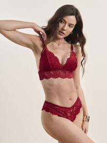 Hourtrue Women's Fashion Sexy Solid Color Breathable Wireless Lace Bra And Panty Setfor Summerfor Summer - Burgundy - View 6