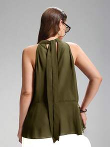 LYSMO Blusa de talla grande con cuello anudado y volantes de unicolor simple - Verde - Ver 2