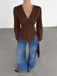 Siren Gaze Women's Solid Color Long Sleeve Pleated Asymmetric Hem Fashion Blouse - Coffee Brown - View 3
