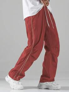 Manfinity Hypemode Men's Long Dark Red Sporty Wide Leg Woven Fabric Pants With Lettering Detail And Pockets - Dark Red - View 8