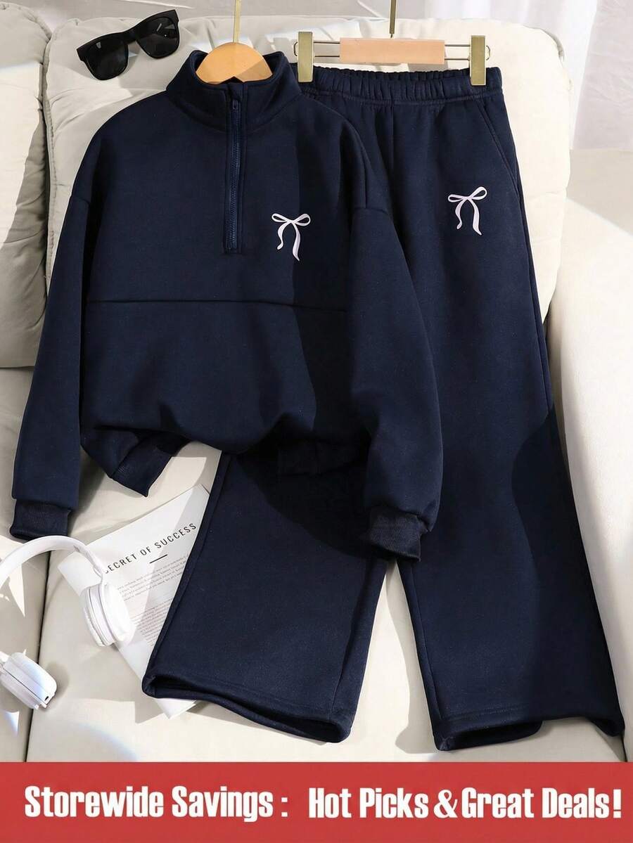 SHEIN 两件套少女休闲套装,包括一件拉链高领长袖卫衣和宽松阔腿裤,适合日常穿着和运动。 - 藏蓝色 - 查看 1