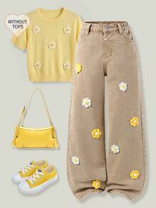 ChillGRL 少女牛仔阔腿裤，复古做旧风格，甜美可爱，休闲学院风度假必备。经典水洗白色牛仔布，手工钩织花朵细节，甜美俏皮。弹性腰带+纽扣前襟，方便穿脱。 - 卡其色 - 查看 1