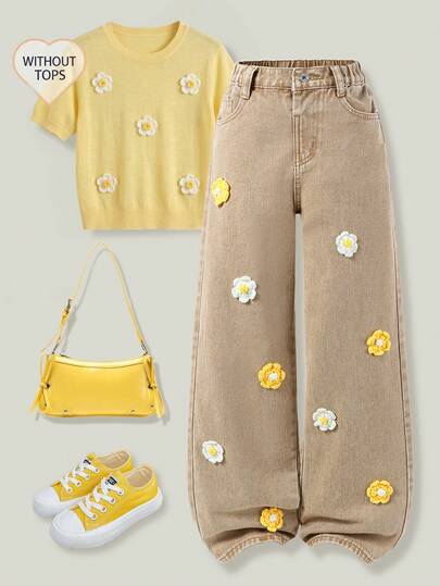 ChillGRL 少女牛仔阔腿裤，复古做旧风格，甜美可爱，休闲学院风度假必备。经典水洗白色牛仔布，手工钩织花朵细节，甜美俏皮。弹性腰带+纽扣前襟，方便穿脱。