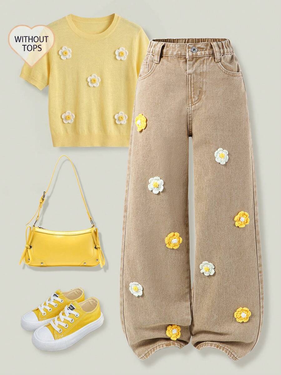 ChillGRL 少女牛仔阔腿裤，复古做旧风格，甜美可爱，休闲学院风度假必备。经典水洗白色牛仔布，手工钩织花朵细节，甜美俏皮。弹性腰带+纽扣前襟，方便穿脱。 - 卡其色 - 查看 1