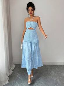 Rafferiza 女士褶裥露背优雅中长连衣裙，适合派对和聚会 - 藍白色 - 查看 6