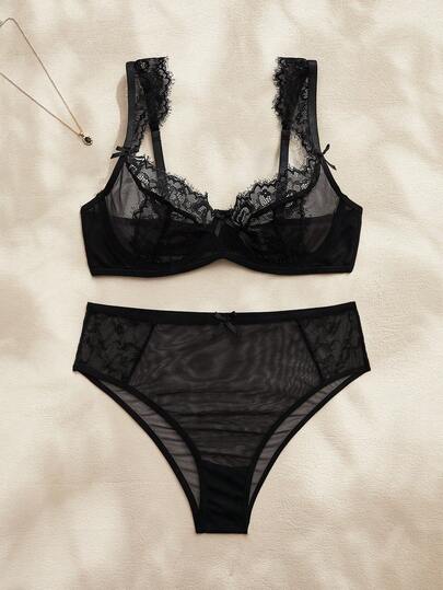 Charlaine 2件套法式蕾丝网纱文胸和高腰内裤套装，优雅秋季女士内衣