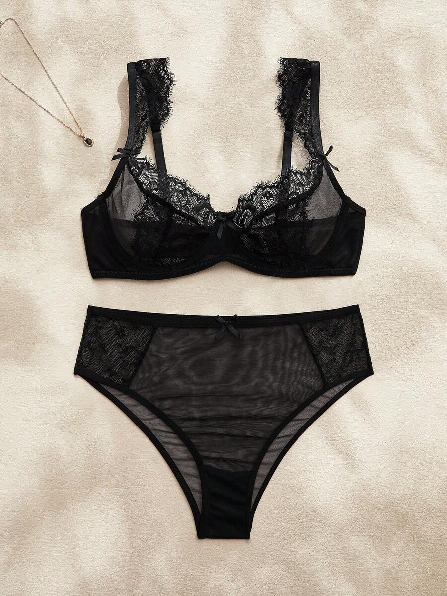 Charlaine 2件套法式蕾丝网纱文胸和高腰内裤套装，优雅秋季女士内衣 - 黑色 - 查看 1