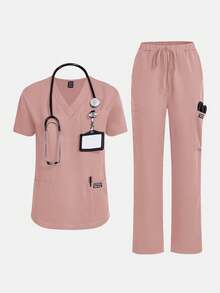 TaskEZ Women Scrub Set Top And Pants Seven Large Pockets - Pink - View 2