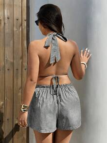Sunnyshic Plus Size Striped Camisole And Shorts 2 Pieces Set, Vacation Style - Black - View 2
