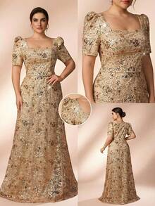 Serin Plus Size Elegant Gold Sequin Embroidered Square Neck Short Sleeve A-Line Dress,Spring Formal Evening Wedding Party Gown Mother Of Groom And Bride - Champagne - View 2
