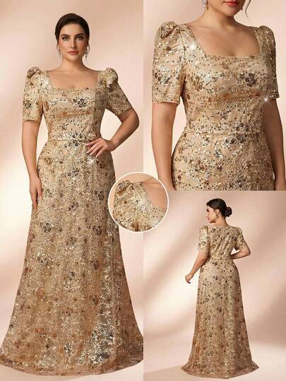 Serin 大码优雅奢华香槟金亮片刺绣方领短袖系带A字连衣裙，适合晚宴、约会、舞会、婚礼、蜜月、新娘母亲正式场合穿着。