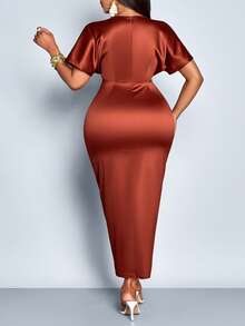 SOLERSUN Đầm dự tiệc thanh lịch dành cho phụ nữ cỡ lớn, cổ chữ V, xếp ly, ôm sát, xẻ tà cao. - màu nâu - Xem 6