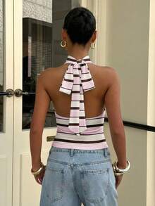 Muchica 女士撞色条纹高领拉链针织吊带背心，无袖，简约休闲，适合日常通勤，夏季百搭 - 彩色 - 查看 6