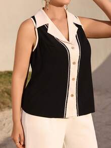 Juhart 大码优雅撞色拼接翻领无袖衬衫女式背心领上衣黑白上衣 - 彩色 - 查看 6
