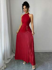SHEIN Elenzya Vestido largo de mujer de cuello redondo y halter verde, estilo de vacaciones de verano, elegante, sin mangas, con diseño de dobladillo plisado 2 en 1 - Rojo - Ver 7