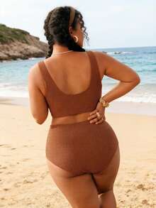 Swim Lushoire Plus Size Solid Color Bikini Set, Suitable For Beach & Vacation - Coffee Brown - View 2