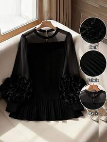 Plus Size Elegant Solid Color Mesh Patchwork Round Neck Long Sleeve Blouse - Black - View 1