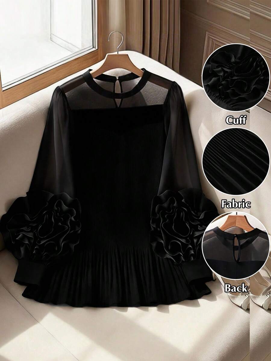 Plus Size Elegant Solid Color Mesh Patchwork Round Neck Long Sleeve Blouse - Black - View 1