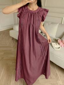 Vestido de verano casual, de uso diario y para vacaciones, con mangas cortas, encaje, calado y corte holgado - Morado - Ver 3