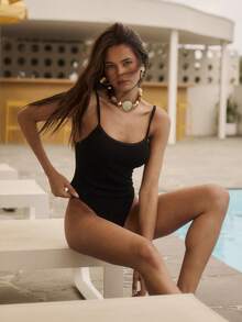 Aralina 1 Piece Texture Summer Spring Swim Vacation Beach Swimsuit One G-String Strappy Sexy One Piece Black - Black - View 1