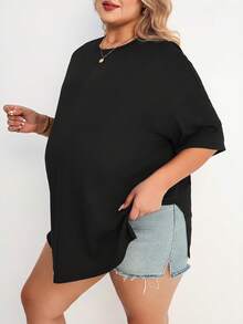 Plussiva Maternity Plus Size Solid Color Round Neck Loose Casual T-Shirt - Black - View 6