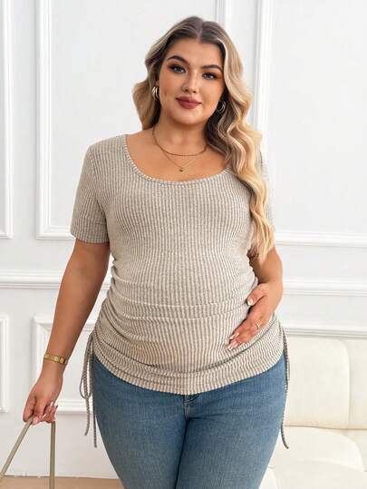 Plussiva 孕妇加大码纯色圆领短袖侧抽绳上衣