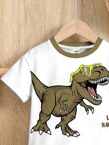 SHEIN Bộ áo thun ngắn tay cổ tròn tay ngắn dáng rộng thoải mái tối giản dành cho bé trai phong cách Y2K, họa tiết hoạt hình, thiết kế dễ thương, hình khủng long, retro Mỹ, thích hợp mặc trong thời trang thường ngày. - Nhiều màu - Xem 4