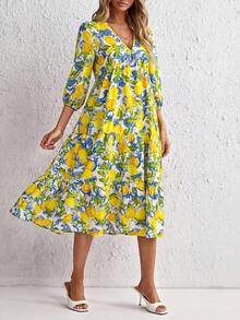 SHEIN Clasi Đầm chữ A cổ chữ V, viền bèo nhún, họa tiết chanh, thích hợp cho kỳ nghỉ. - Nhiều màu - Xem 3