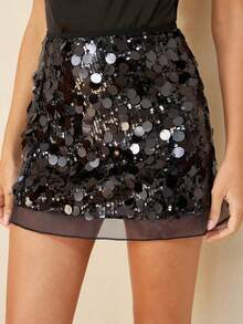 Aveloria Rosie Fashionable Sequin Embellished A-Line Mini Skirt, Versatile Party Wear, European And American Style, Autumn/Winter - Black - View 1