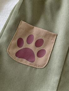 SHEIN Playful Pals 新生儿可爱卡通印花拼接口袋连体衣，休闲日常穿着 - 軍綠色 - 查看 5