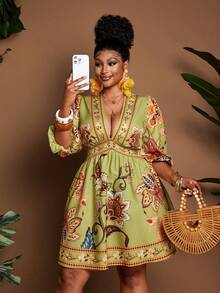 Plus Size Women Floral Print Deep V-Neck Lantern Sleeve Dress, Vacation - Multicolor - View 5