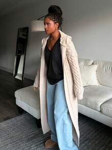 Tyla Gomez Áo khoác cardigan dài hở vai hở phía trước, áo cardigan dệt kim cáp thả vai có mũ rộng rãi màu mơ đơn giản cho nữ, trang phục thường ngày, áo dài tay - Màu be - Xem 5