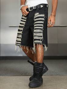 Manfinity EMRG Distressed Denim Shorts, Unisex American Casual Style - Black - View 4