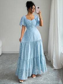 Modelyn Đầm chiffon jacquard cổ vuông, viền bèo nhún dành cho nữ, kiểu dáng lãng mạn và thanh lịch. - Màu xanh lam - Xem 1