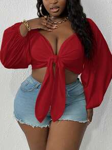 Slaydiva Áo kiểu Slayr-Plus buộc dây phía trước, cỡ lớn, mùa hè. - Đỏ - Xem 3