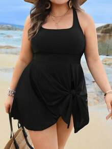 Swim Lushoire Bộ đồ bơi hai mảnh tankini màu trơn cổ vuông dây chéo hai bên xếp nếp dành cho nữ cỡ lớn, kiểu dáng kín đáo, phù hợp cho bãi biển và hồ bơi. - màu đen - Xem 3