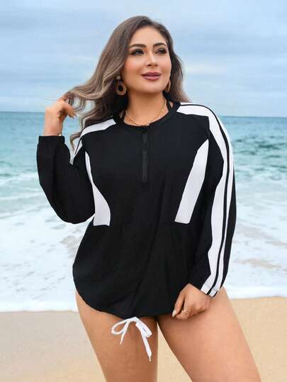 Swim SPRTY 大码女式泳衣罩衫，长袖拉链罩衫，沙滩泳池休闲装