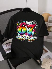 男童休闲舒适时尚简约百搭创意趣味卡通67字母泼墨双面印花短袖T恤，适合男孩户外运动穿着 - 黑色 - 查看 2