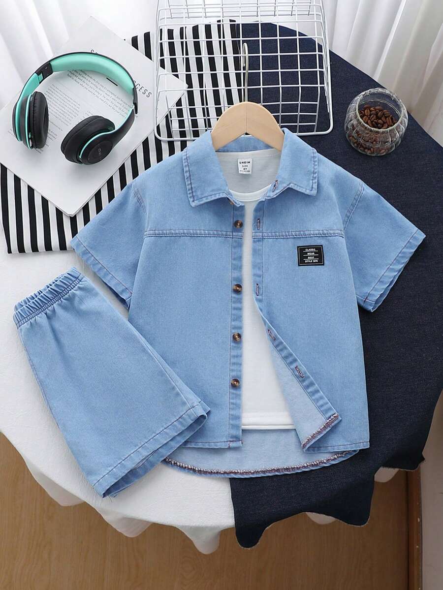SHEIN Boys Baby Blue 3 Piece Summer Outfit Set, Vintage Denim Shirt Tee & Shorts Casual Wear For Daily Holiday Outdoor - Light Wash - View 1
