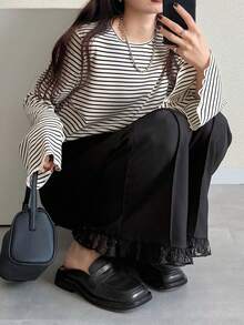 FRIFUL Women's Versatile Solid Color Lace Trim Pants Summer - Black - View 8
