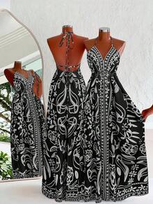 Sweetra SunnyBelle 大码 V 领吊带休闲热带花卉褶皱连衣裙，适合海滩穿着，夏季女装 - 黑色 - 查看 1