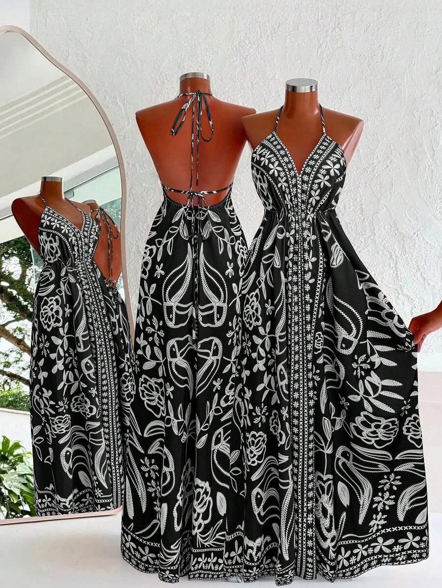 Sweetra SunnyBelle 大码 V 领吊带休闲热带花卉褶皱连衣裙，适合海滩穿着，夏季女装 - 黑色 - 查看 1