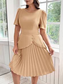 Ellevyn Plus Size Solid Color Asymmetrical Design Metal Buckle Decor Elegant Office Lady Pleated Dress - Camel - View 3