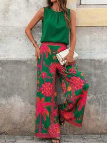 Amorya Women's New Elegant Solid Color Top & Floral Print Long Pants 2-Piece Set, Suitable For Vacation, Beach And Multiple Occasions Women's Day Elegant Gift For Mom Festival Outfit Beach Date Night Green Top Beach Vacation Outfits For Women Summer Outfit For Women Women Vacation Boho Sexy Women Clothes Tropical Two Pieces Set Two Pieces Set Women Vacation Tropical Vacation Woman Clothes Summer 2 Pieces Sets Woman Summer Pant Set Women's Two Pieces Sets Floral Print Pants Wide Leg Pants Tropical Print Pallazo Pants Women Set Floral Pants For Women Flower Pants Summer Pants Sets For Women Boho Pants Tropical Outfit Tropical Outfits For Women Women Vacation Outfit Sets Tropical Formal Dress Women's Resort Wear Vacation Dinner Outfits For Women Hawaiian Outfit For Women Party Hawaiian Terno Outfit For Women Wide Leg Pants Woman High Waist Women's Summer Outfits Women 2 Pieces Outfit Casual Women Spring Outfit Women's Summer Outfits - Multicolor - View 12