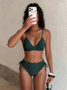 Costavie Bộ bikini hai mảnh màu trơn thời trang dành cho nữ - Màu xanh lá cây đậm - Xem 8