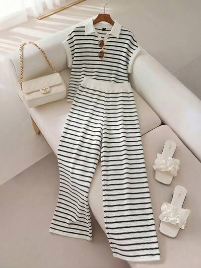 GlowEve 2pcs Women's Pineapple Jacquard Polo Collar Suit, Vacation Casual Women's Set