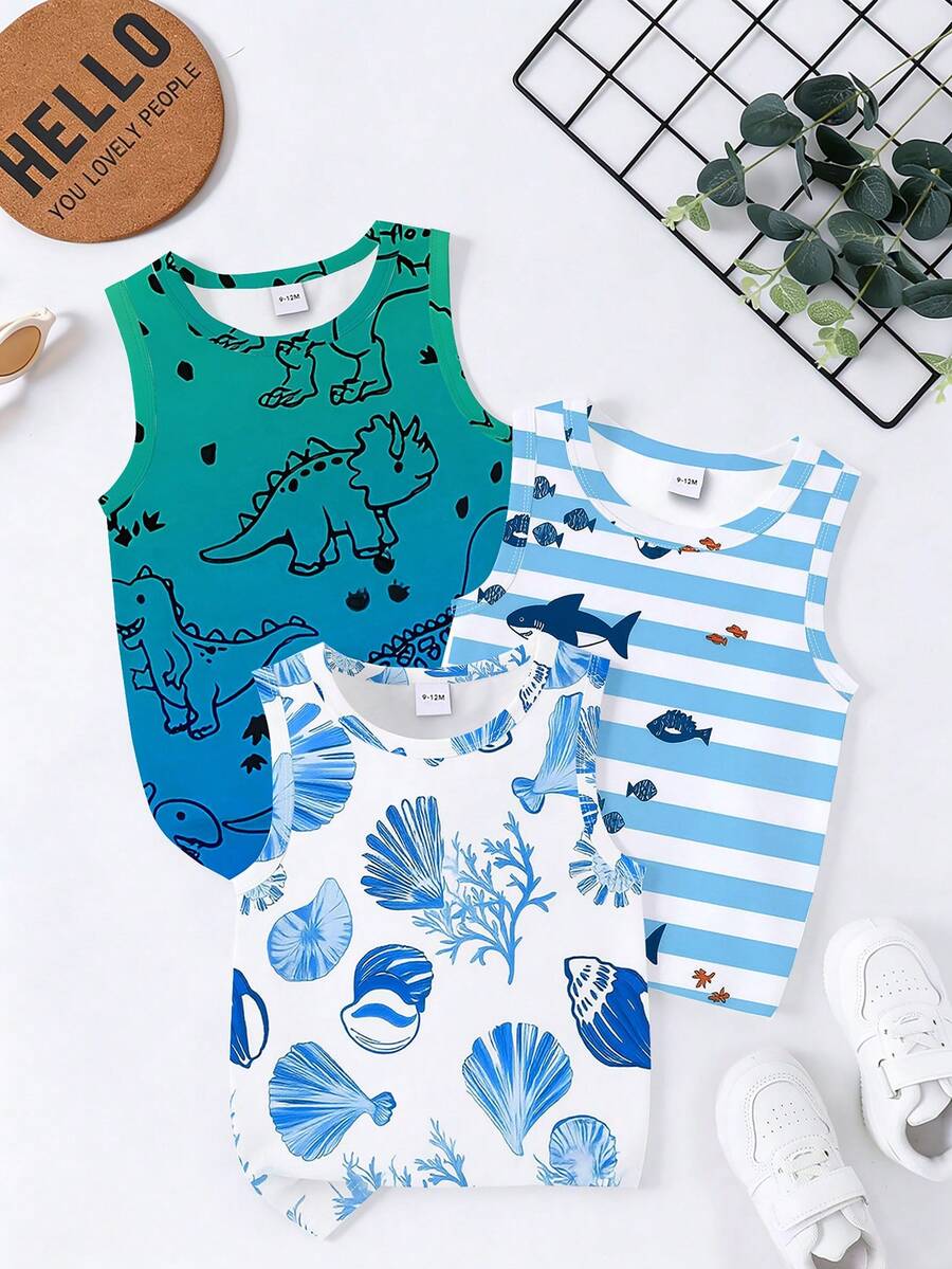 3pcs/Set Baby Boy Casual Holiday Ocean & Dinosaur Graphic, Striped Print Round Neck Tank Tops, Suitable For Spring/Summer, Beach, Vacation - Multicolor - View 1